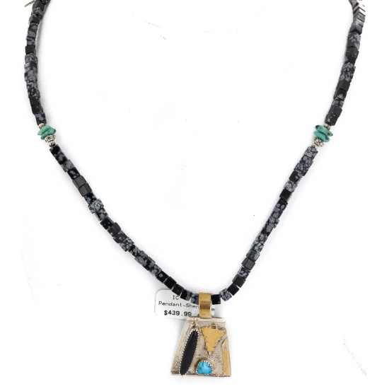 Arrow 12kt Gold Filled and .925 Sterling Silver Handmade Certified Authentic Navajo Natural Snowflake Obsidian Black Onyx and Turquoise Native American Necklace 740101-24-790101