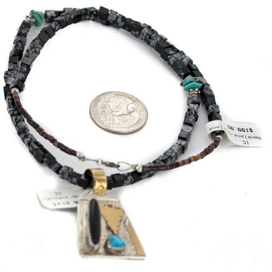 Arrow 12kt Gold Filled and .925 Sterling Silver Handmade Certified Authentic Navajo Natural Snowflake Obsidian Black Onyx and Turquoise Native American Necklace 740101-24-790101