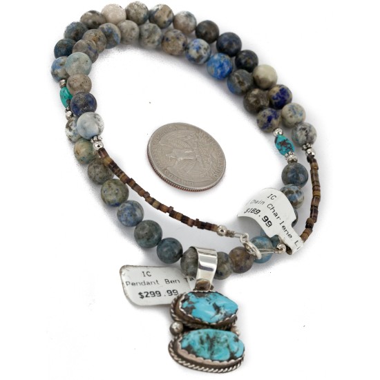 .925 Sterling Silver Certified Authentic Navajo Natural Turquoise Lapis Native American Necklace 34041-2-14542