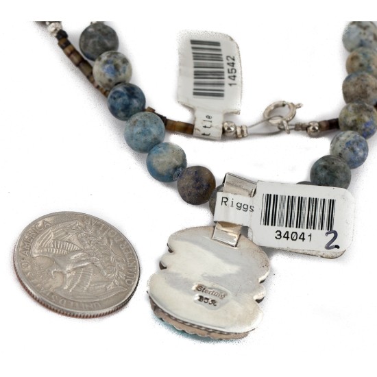 .925 Sterling Silver Certified Authentic Navajo Natural Turquoise Lapis Native American Necklace 34041-2-14542