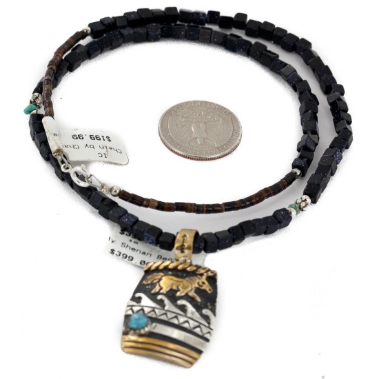 Horse 12kt Gold Filled and .925 Sterling Silver Handmade Certified Authentic Navajo Natural Turquoise Purple Goldstone Native American Necklace 14456-14-10225