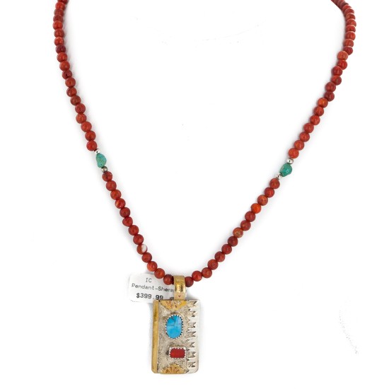 12kt Gold Filled and .925 Sterling Silver Handmade Certified Authentic Navajo Coral Natural Turquoise Native American Necklace 740100-78-1570