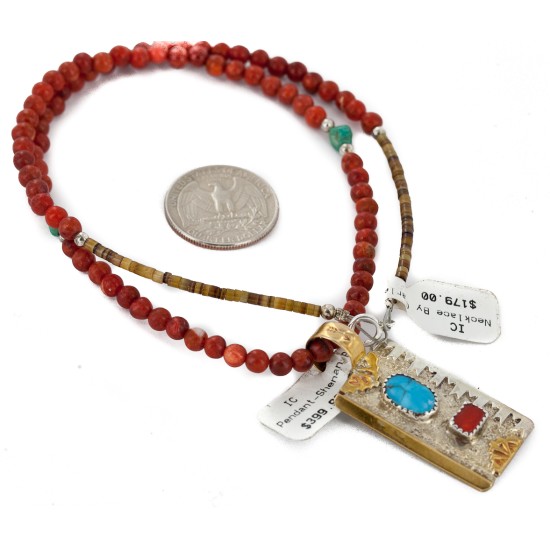 12kt Gold Filled and .925 Sterling Silver Handmade Certified Authentic Navajo Coral Natural Turquoise Native American Necklace 740100-78-1570