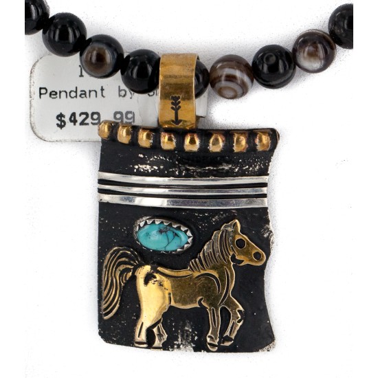 12kt Gold Filled and .925 Sterling Silver Handmade Certified Authentic Horse Navajo Natural Agate and Turquoise Native American Necklace 15036-2-15814