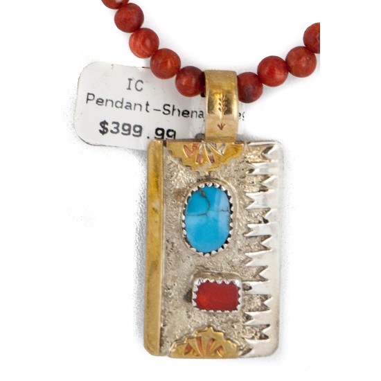 12kt Gold Filled and .925 Sterling Silver Handmade Certified Authentic Navajo Coral Natural Turquoise Native American Necklace 740100-78-1570