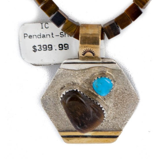 12kt Gold Filled and .925 Sterling Silver Handmade Certified Authentic Navajo Natural Tigers Eye and Turquoise Native American Necklace 740100-13-790100