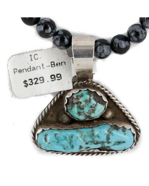 .925 Sterling Silver Certified Authentic Navajo Natural Turquoise Snowflake Obsidian Native American Necklace 740105-14-15786
