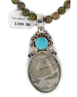 .925 Sterling Silver Handmade Certified Authentic Navajo Natural Jasper and Turquoise Native American Necklace 14747-8-102235