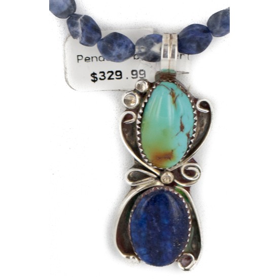 .925 Sterling Silver Handmade Certified Authentic Navajo Natural Turquoise and Lapis Native American Necklace 1489-5-10225
