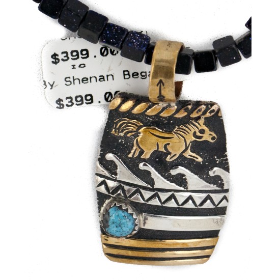 Horse 12kt Gold Filled and .925 Sterling Silver Handmade Certified Authentic Navajo Natural Turquoise Purple Goldstone Native American Necklace 14456-14-10225