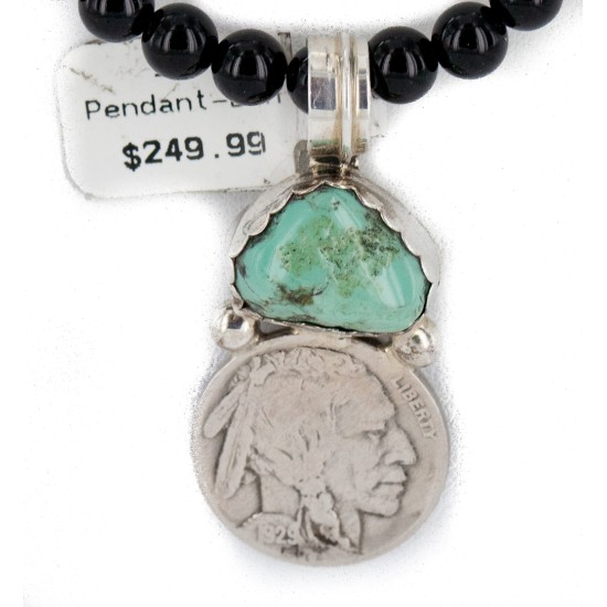 Vintage Style Buffalo Nickel .925 Sterling Silver Certified Authentic Navajo Natural Black Onyx Turquoise Native American Necklace 740105-5-102247