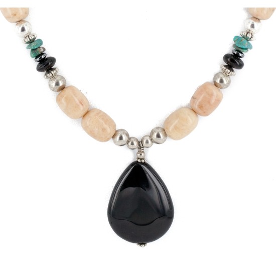 Certified Authentic Navajo .925 Sterling Silver Natural Turquoise Agate Black Onyx Native American Necklace 25289-66