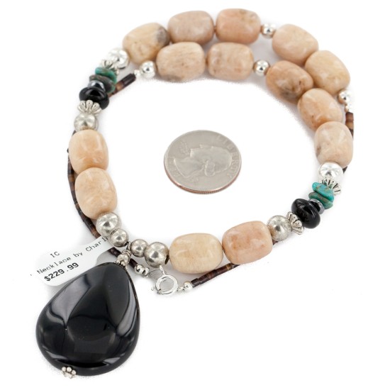 Certified Authentic Navajo .925 Sterling Silver Natural Turquoise Agate Black Onyx Native American Necklace 25289-66