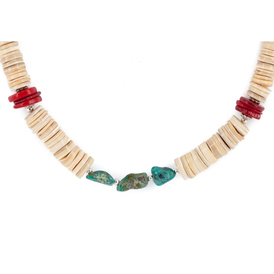Certified Authentic Navajo .925 Sterling Silver Coral Natural Turquoise Graduated Melon Shell Native American Necklace  25289-5