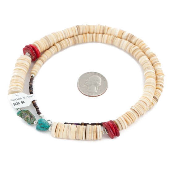 Certified Authentic Navajo .925 Sterling Silver Coral Natural Turquoise Graduated Melon Shell Native American Necklace  25289-5