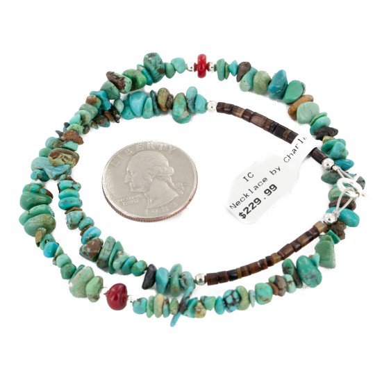 Certified Authentic Navajo .925 Sterling Silver Natural Turquoise Coral Chain Native American Necklace 25289-1