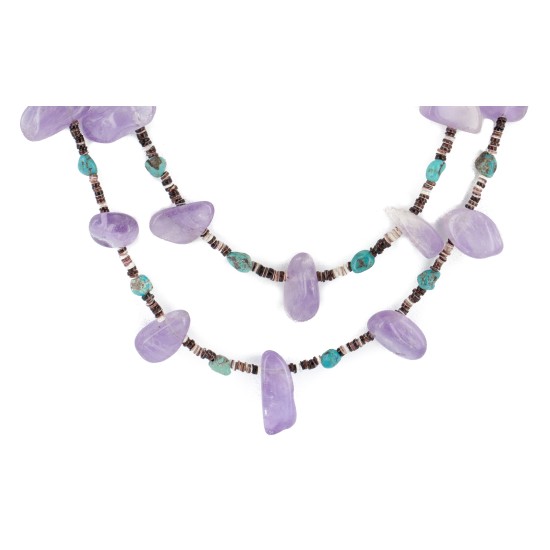 2 Strand Certified Authentic Navajo .925 Sterling Silver Natural Turquoise Amethyst Native American Necklace 750145-1