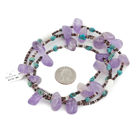 2 Strand Certified Authentic Navajo .925 Sterling Silver Natural Turquoise Amethyst Native American Necklace 750145-1
