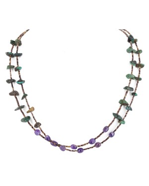 2 Strand Certified Authentic Navajo .925 Sterling Silver Natural Spiderweb Turquoise Amethyst Native American Necklace  750106-27