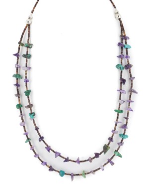 2 Strand Certified Authentic Navajo .925 Sterling Silver Natural Turquoise Amethyst Native American Necklace 15585-370