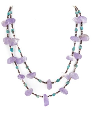 2 Strand Certified Authentic Navajo .925 Sterling Silver Natural Turquoise Amethyst Native American Necklace 750145-1