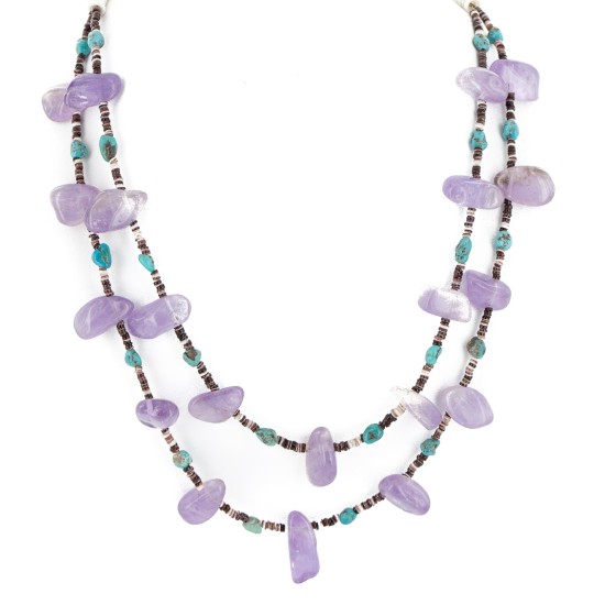 2 Strand Certified Authentic Navajo .925 Sterling Silver Natural Turquoise Amethyst Native American Necklace 750145-1