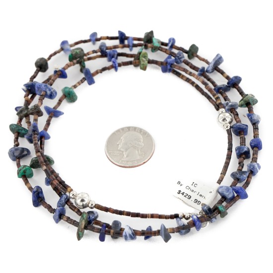2 Strand Certified Authentic Navajo .925 Sterling Silver Natural Turquoise Lapis Native American Necklace 15585-34