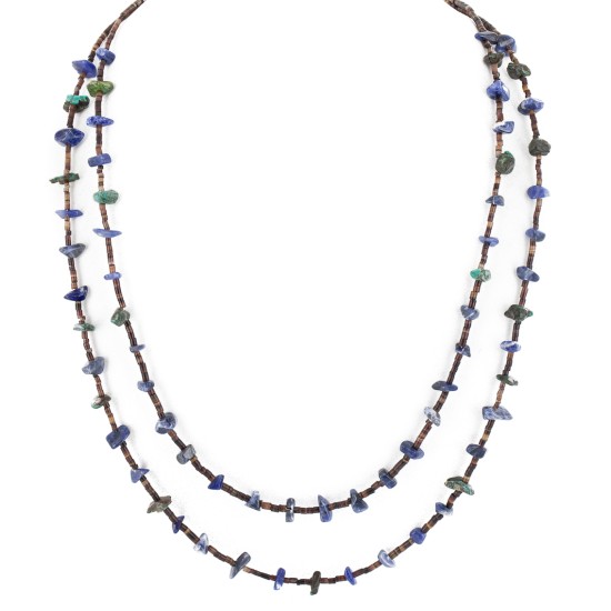 2 Strand Certified Authentic Navajo .925 Sterling Silver Natural Turquoise Lapis Native American Necklace 15585-34