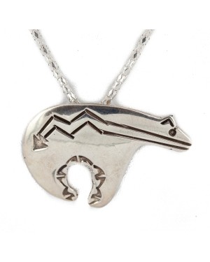 .925 Sterling Silver Bear Handmade Certified Authentic Navajo Pin and Native American Necklace  24330