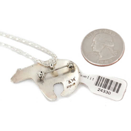 .925 Sterling Silver Bear Handmade Certified Authentic Navajo Pin and Native American Necklace  24330