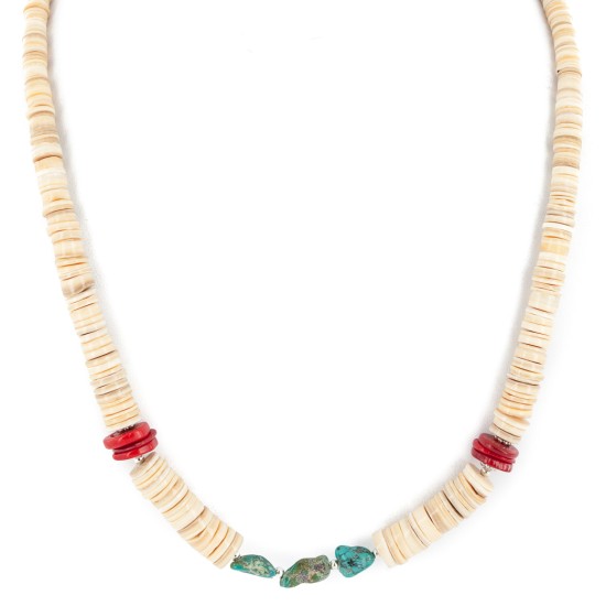 Certified Authentic Navajo .925 Sterling Silver Coral Natural Turquoise Graduated Melon Shell Native American Necklace  25289-5