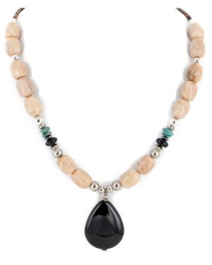 Certified Authentic Navajo .925 Sterling Silver Natural Turquoise Agate Black Onyx Native American Necklace 25289-66