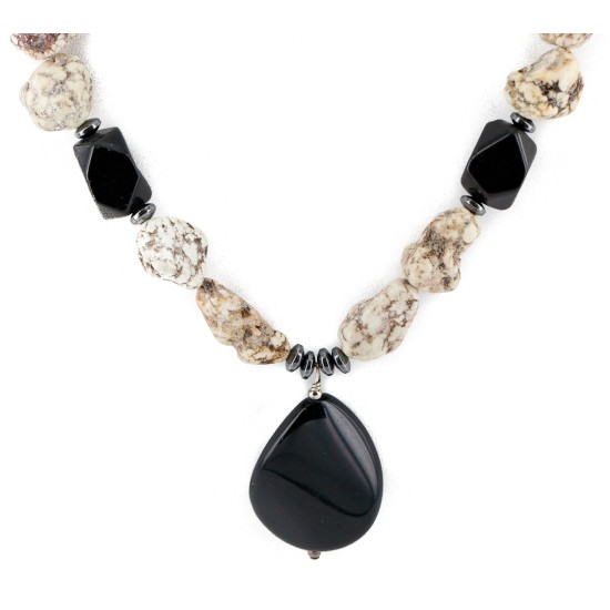 Certified Authentic Navajo .925 Sterling Silver White Howlite Black Onyx Hematite Native American Necklace 15844-4