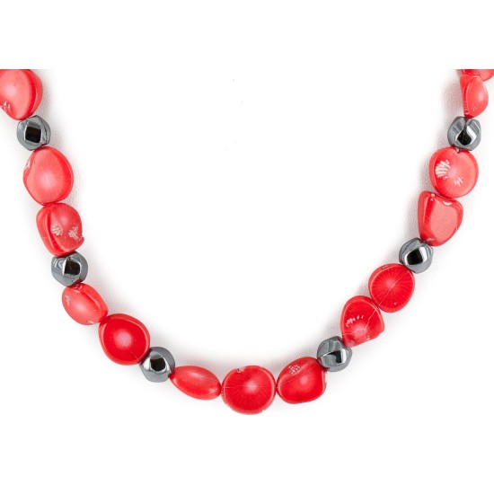 Certified Authentic Navajo .925 Sterling Silver Coral Hematite Native American Necklace 25215-104