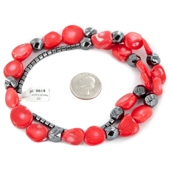 Certified Authentic Navajo .925 Sterling Silver Coral Hematite Native American Necklace 25215-104
