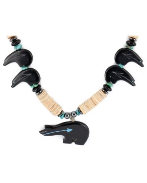 Bear Certified Authentic Navajo .925 Sterling Silver Natural Graduated Melon Shell Turquoise Resin Black Onyx Hematite Native American Necklace 25225-2