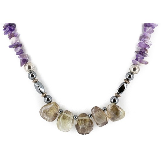 Certified Authentic Navajo .925 Sterling Silver Natural Amethyst Smoky Quartz Hematite Native American Necklace 15456-147