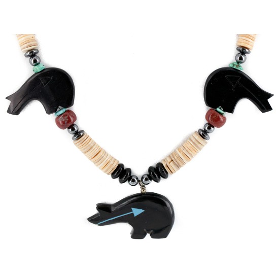 Bear Certified Authentic Navajo .925 Sterling Silver Natural Graduated Melon Shell Turquoise Resin Black Onyx Red Jasper Hematite Native American Necklace 25225-4