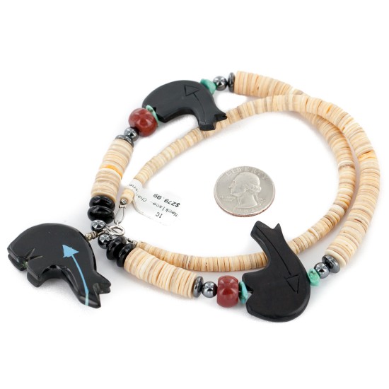Bear Certified Authentic Navajo .925 Sterling Silver Natural Graduated Melon Shell Turquoise Resin Black Onyx Red Jasper Hematite Native American Necklace 25225-4