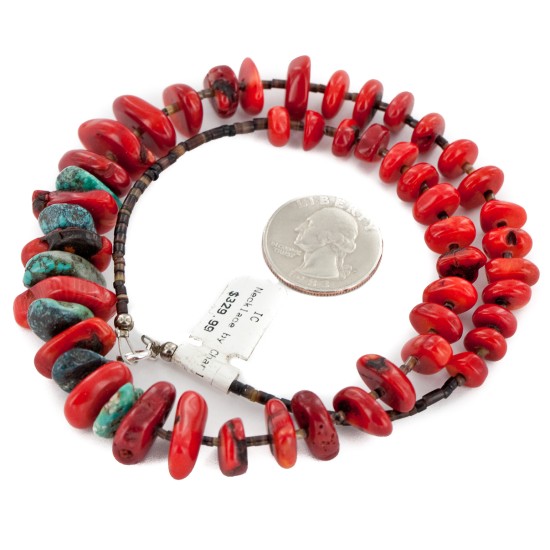 Certified Authentic Navajo .925 Sterling Silver Natural Turquoise Coral Heishi Native American Necklace 15778-35