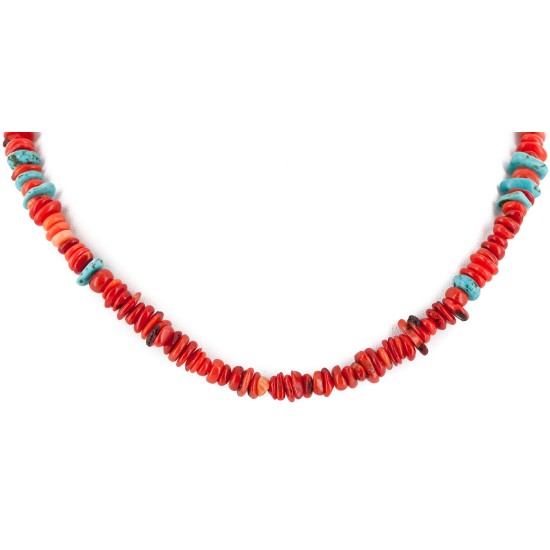 Certified Authentic Navajo .925 Sterling Silver Natural Turquoise Coral Chain Native American Necklace 10309