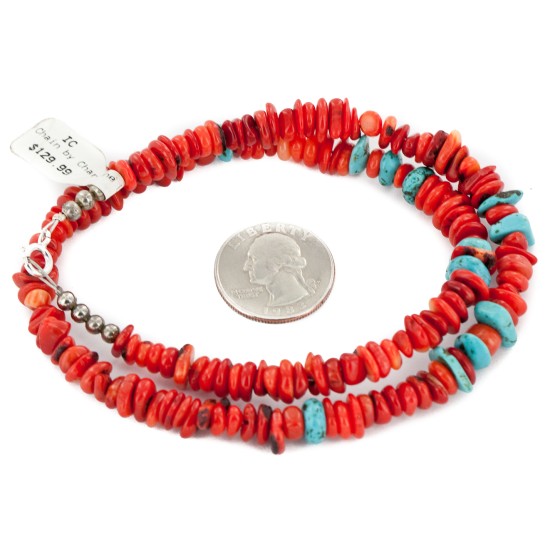 Certified Authentic Navajo .925 Sterling Silver Natural Turquoise Coral Chain Native American Necklace 10309