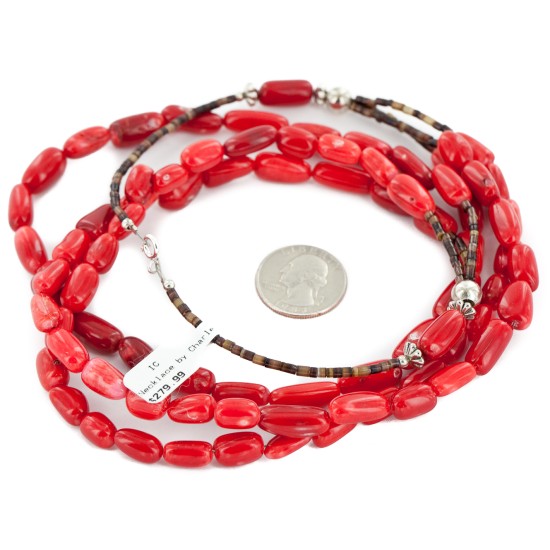 3 Strand Certified Authentic Navajo .925 Sterling Silver Coral Native American Necklace 790106-1