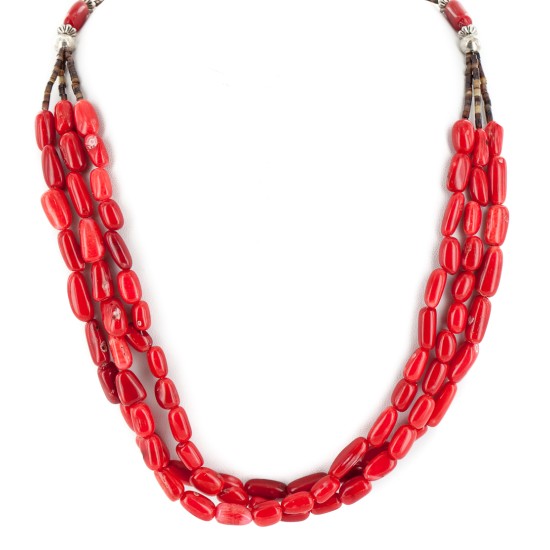 3 Strand Certified Authentic Navajo .925 Sterling Silver Coral Native American Necklace 790106-1
