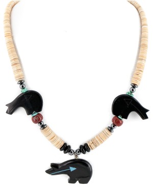 Bear Certified Authentic Navajo .925 Sterling Silver Natural Graduated Melon Shell Turquoise Resin Black Onyx Red Jasper Hematite Native American Necklace 25225-4