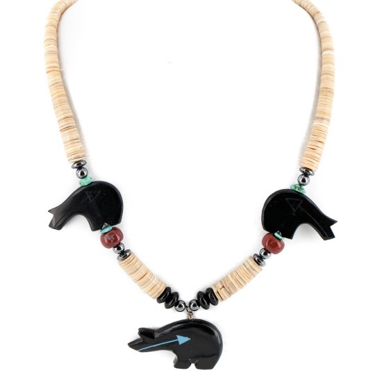 Bear Certified Authentic Navajo .925 Sterling Silver Natural Graduated Melon Shell Turquoise Resin Black Onyx Red Jasper Hematite Native American Necklace 25225-4