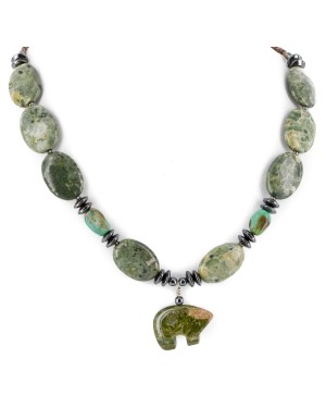 Bear Certified Authentic Navajo .925 Sterling Silver Natural Turquoise Green Jasper Hematite Native American Necklace 15888-5