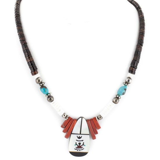 Certified Authentic Navajo .925 Sterling Silver Inlay Natural Graduated Melon Shell Turquoise Mother of Pearl Red Jasper Native American Necklace 15481-22