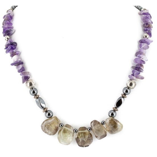 Certified Authentic Navajo .925 Sterling Silver Natural Amethyst Smoky Quartz Hematite Native American Necklace 15456-147