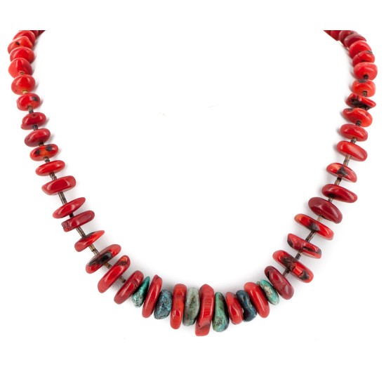 Certified Authentic Navajo .925 Sterling Silver Natural Turquoise Coral Heishi Native American Necklace 15778-35
